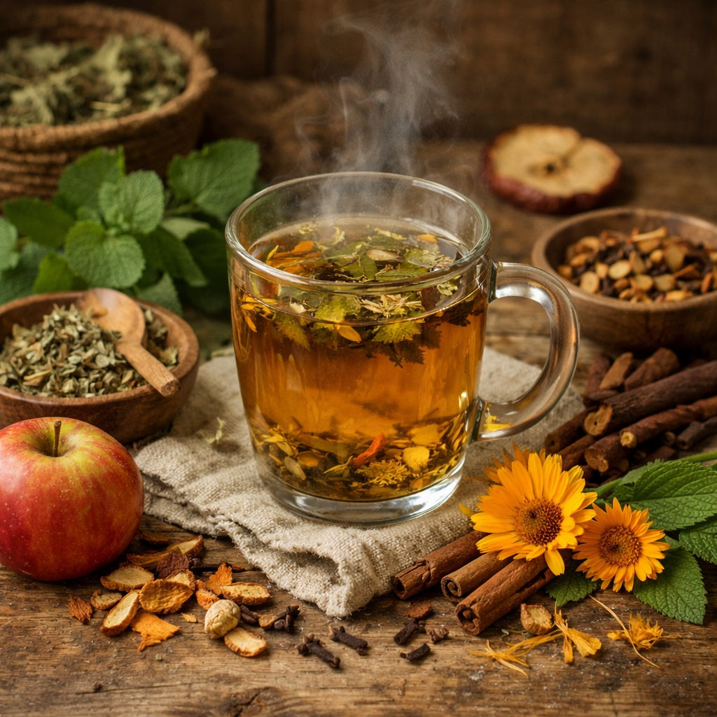 Steaming mug of Country Comfort tea with apples, cinnamon sticks, and flowers on a wooden surface.