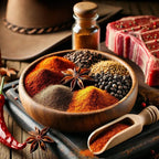 Wooden bowl filled with various spices and a wooden scoop on a rustic surface.