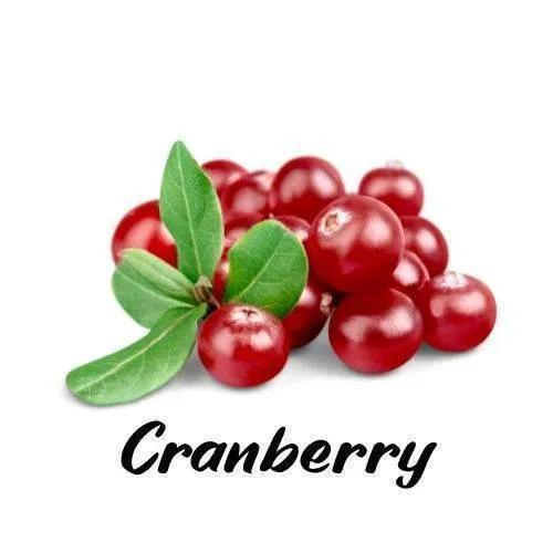 Cranberries with green leaves on a white background, labeled 'Cranberry'.