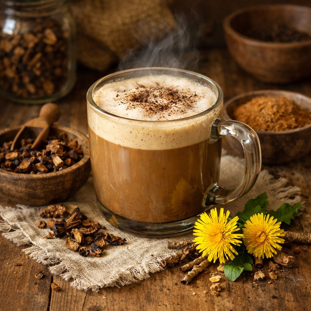 Steaming hot Dandelion Mocha Latte in a glass mug with spices and yellow flowers on a wooden surface