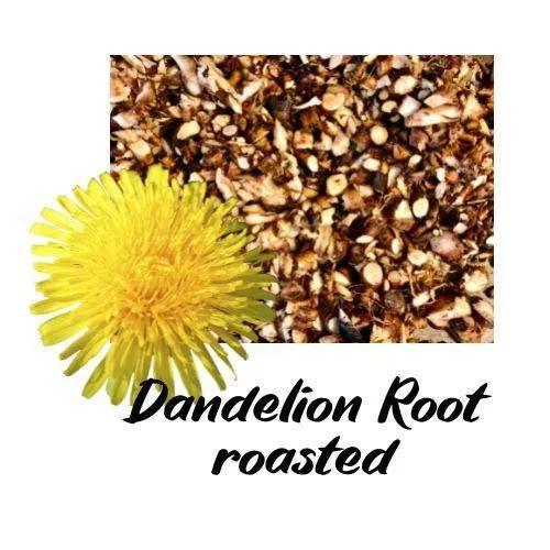 Roasted dandelion root with a yellow dandelion flower on a white background