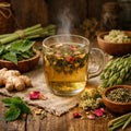 Steaming mug of Detox & Cleanse herbal tea with various herbs on a wooden table