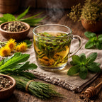 Glass mug of diuretic herbal tea with fresh herbs and flowers on a wooden surface