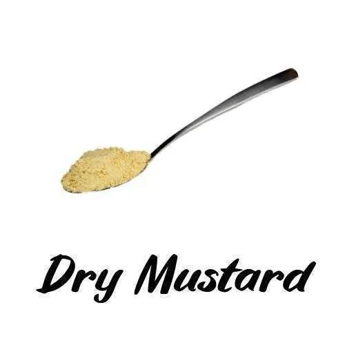 Spoonful of dry mustard with 'Dry Mustard' text on a white background