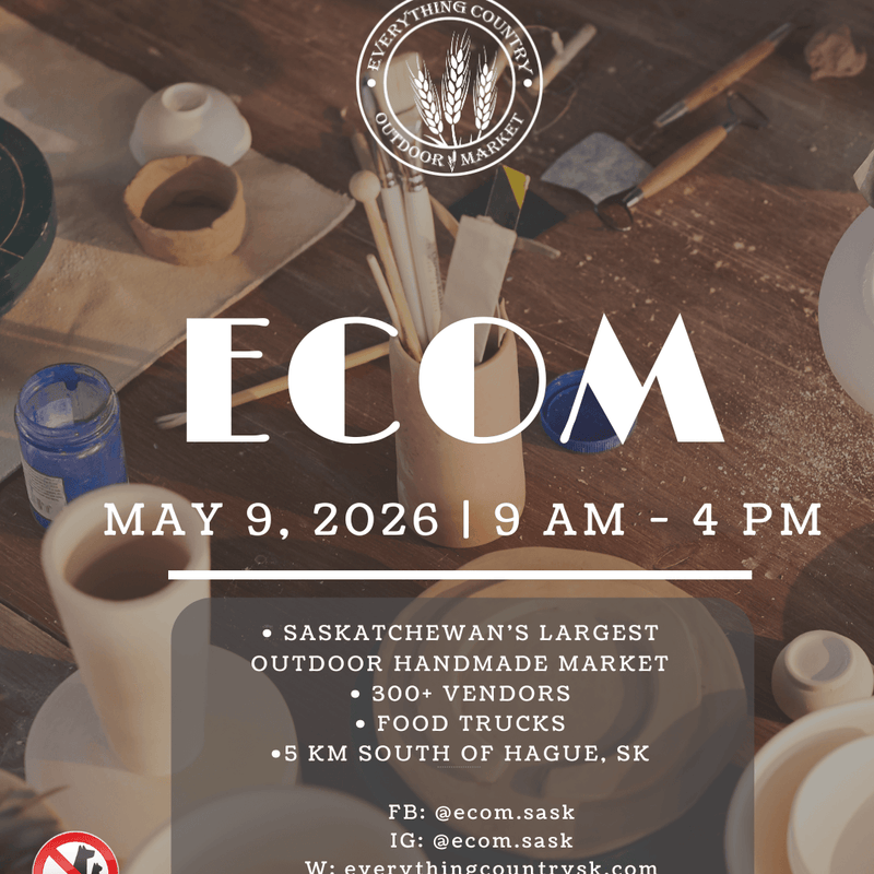 Promotional flyer for ECOM event with wooden tools and pottery on a table.