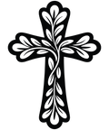Decorative black cross with white leaf patterns on a white background