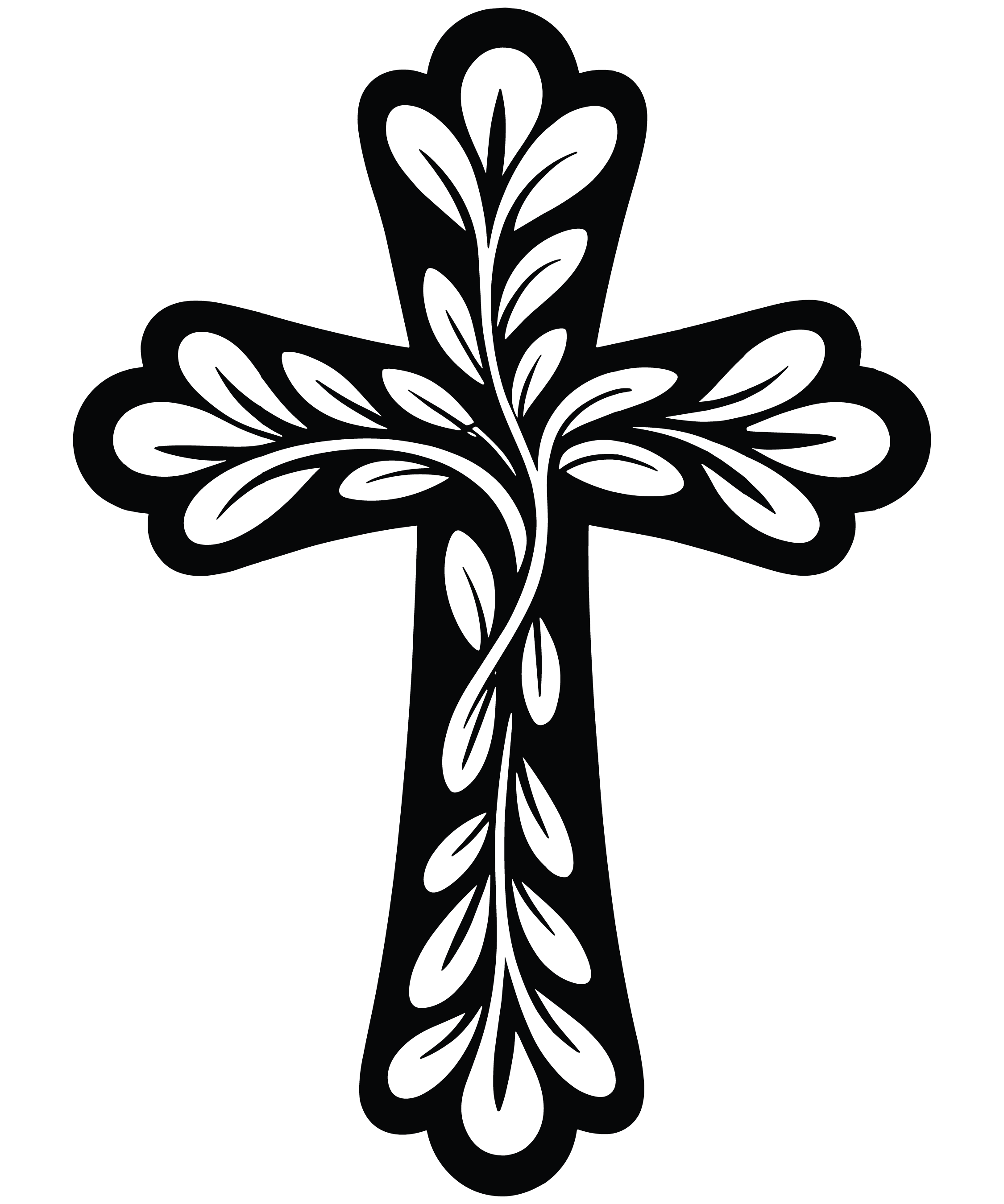 Decorative black cross with white leaf patterns on a white background