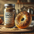 Jar of everything bagel seasoning with a bagel sprinkled with seasoning on a wooden board.