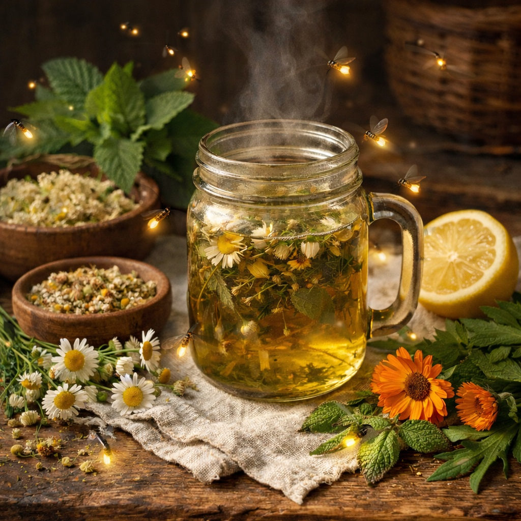 Glass jar of Firefly Garden herbal tea surounded by fireflies, with lemon and flowers on a wooden table