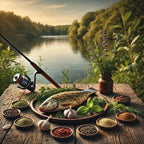 Fishing rod, cooked fish with herbs and spices on a wooden table by a lake.