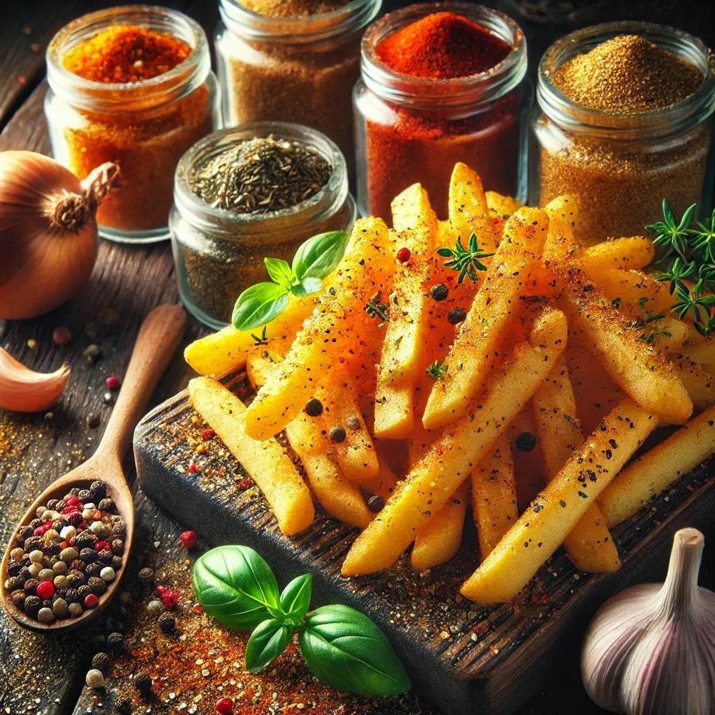 French fries on a wooden board with jars of spices and herbs.