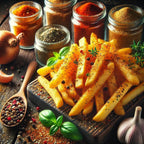 French fries on a wooden board with jars of spices and herbs.