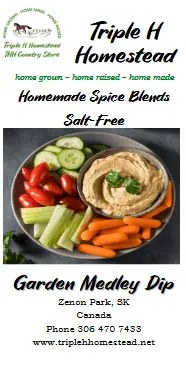 Advertisement for Triple H Homestead's Garden Medley Dip with vegetables and text.