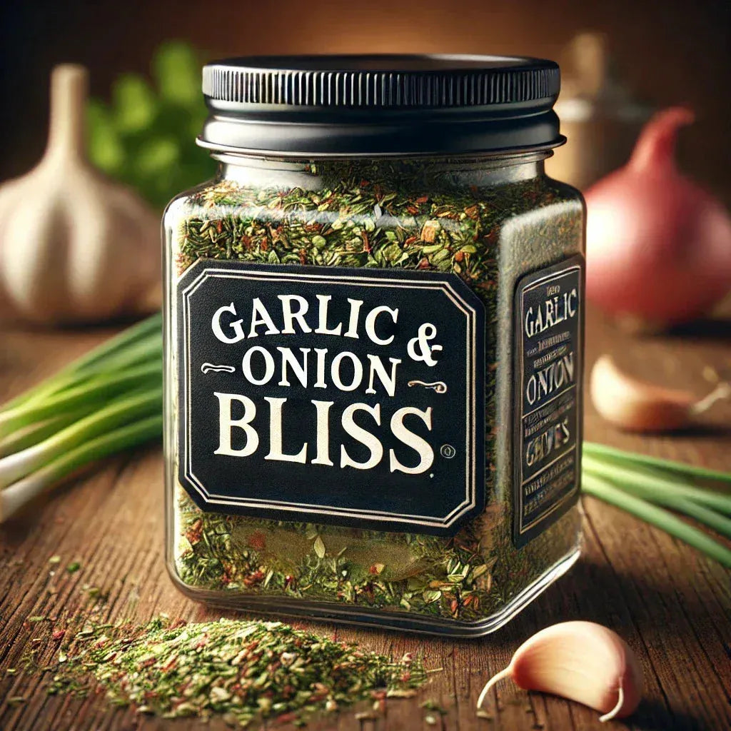 Jar of 'Garlic & Onion Bliss' seasoning on a wooden surface with herbs and garlic.