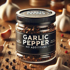 Jar of garlic pepper on a wooden surface with garlic and other spices.