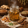 Gentle Relief tea in a glass jar with various herbs and spices on a wooden surface