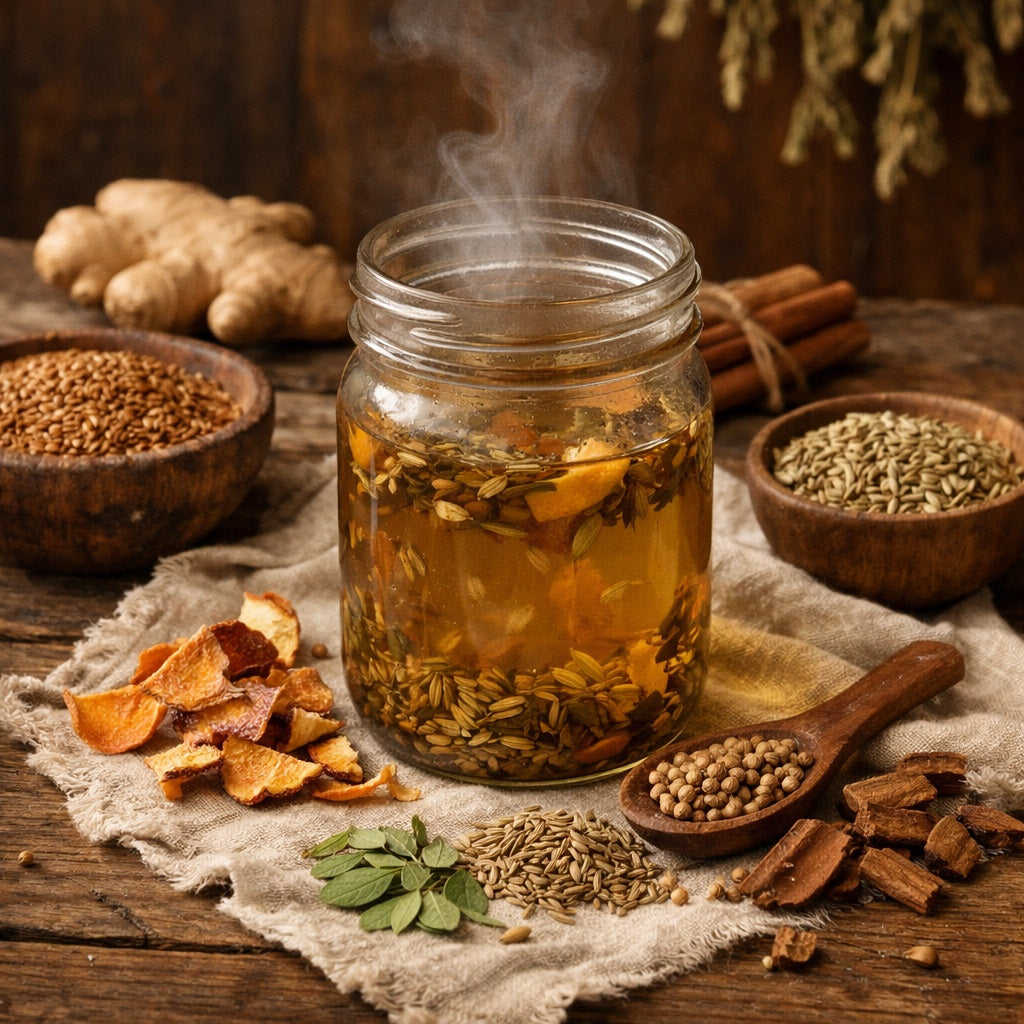 Gentle Relief tea in a glass jar with various herbs and spices on a wooden surface