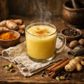 Steaming glass of golden milk with turmeric, cinnamon, and other spices on a wooden table.