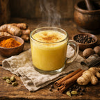 Steaming glass of golden milk with turmeric, cinnamon, and other spices on a wooden table.