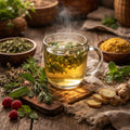 Steaming glass of herbal Good Morning tea on a wooden table with fresh herbs and spices.