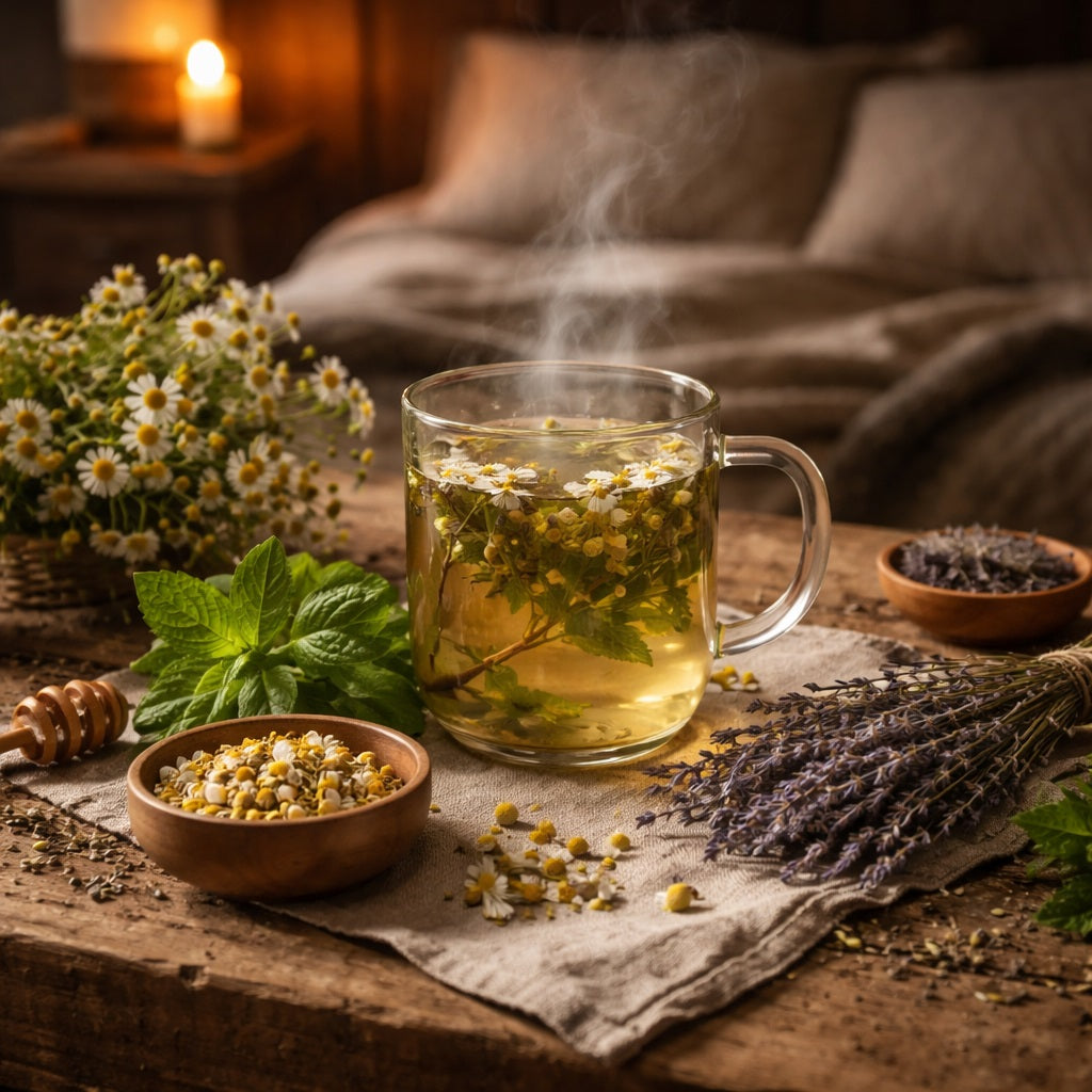Steaming mug of herbal Good Night tea with flowers and herbs on a wooden table, cozy bedroom setting.