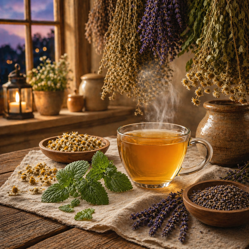 Steaming cup of Good Night Herbal Tea on a wooden table with herbs and a candlelit window in the background