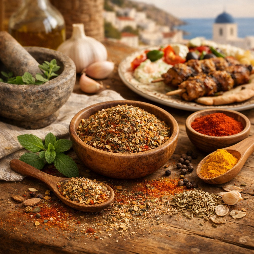 Greek Seasoning Spice Blend and herbs on a wooden surface with a Greek dish and scenic Greek background
