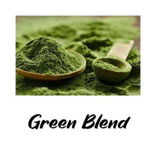 Green powder in a wooden spoon on a green surface with 'Green Blend' text.