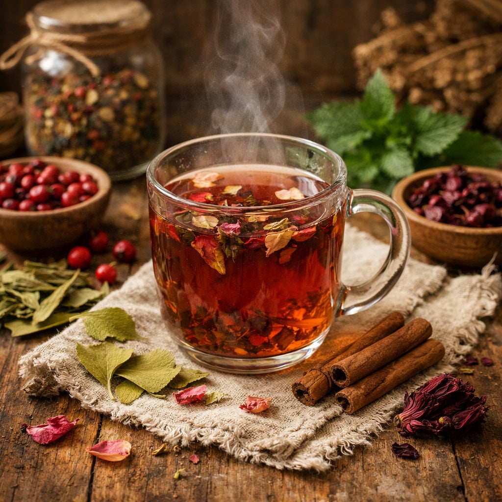 Steaming glass of herbal Happy Heart tea with cinnamon sticks and dried herbs on a wooden surface