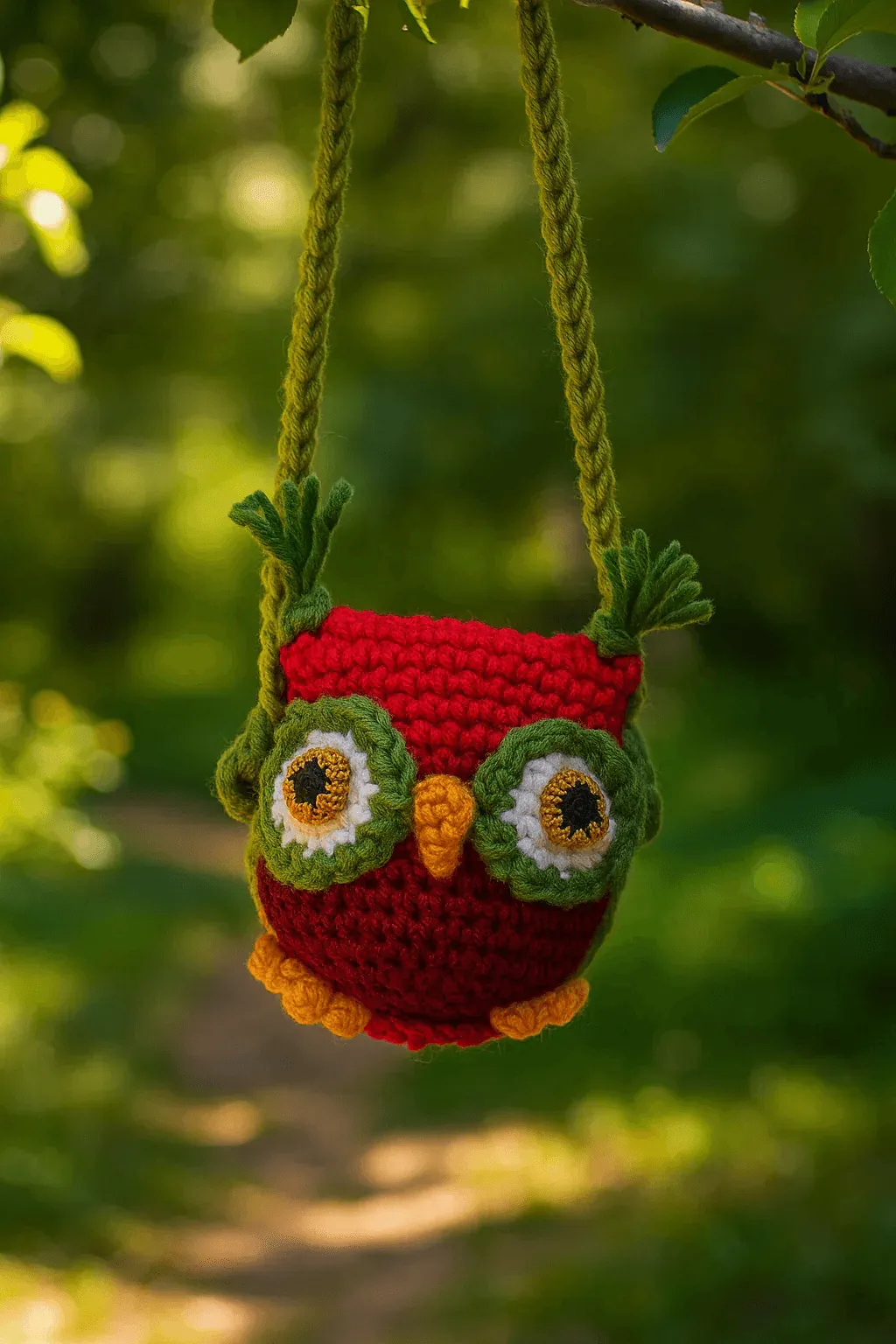 Crocheted owl ornament hanging from a tree branch with a blurred green foliage background