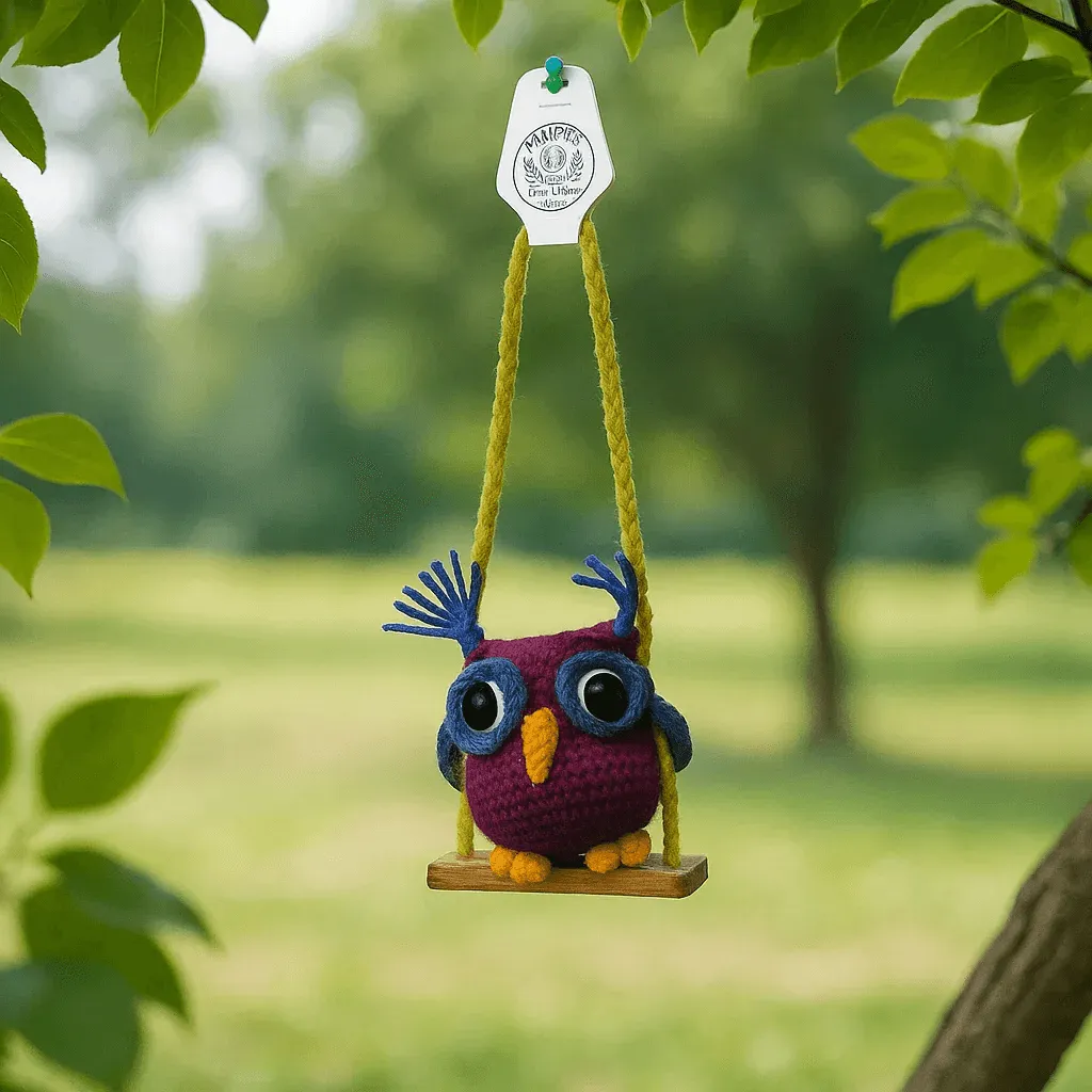 Crocheted owl ornament on a swing with a tag, set against a natural outdoor background.