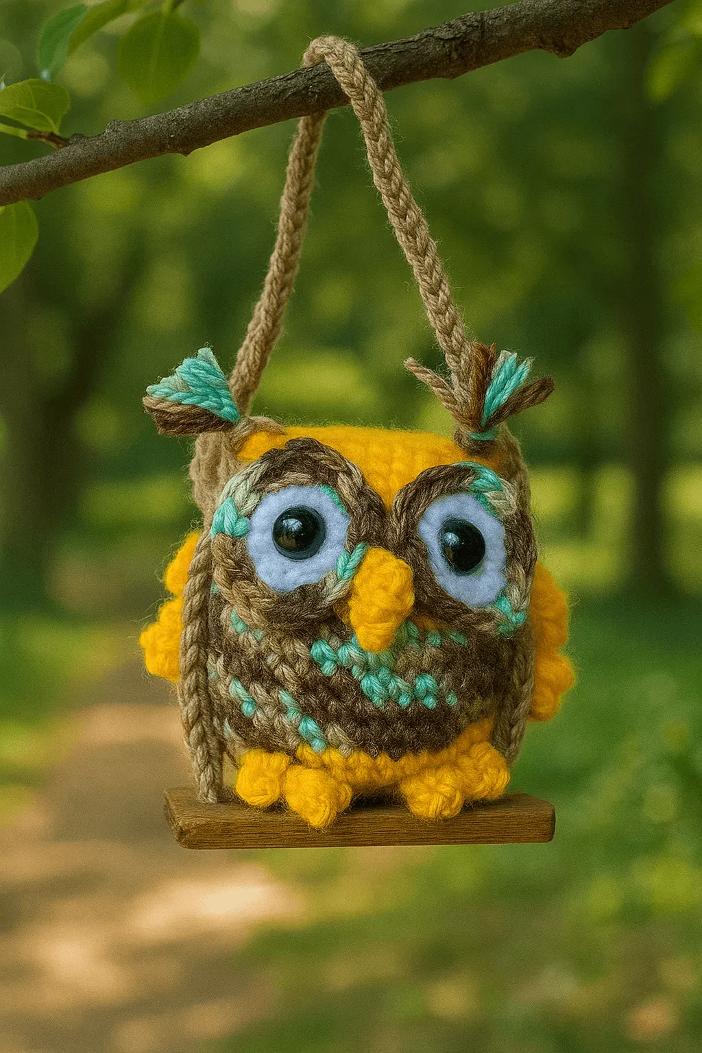 Knitted owl ornament hanging from a branch with a blurred green forest background