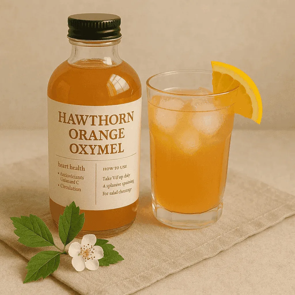 Bottle of Hawthorn Orange Oxymel with a glass of the product on a beige background