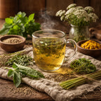 Steaming mug of herbal Heralthy Liver tea with fresh herbs and spices on a wooden surface