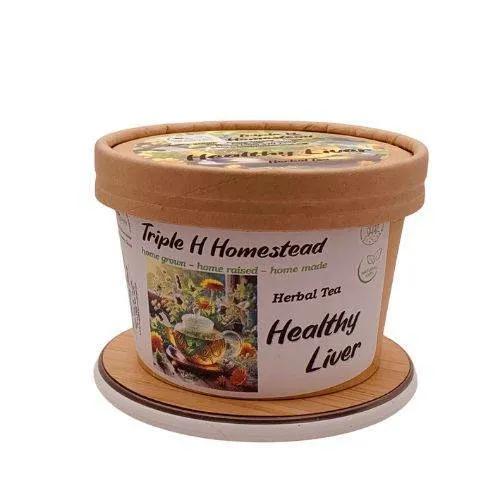 Container of Triple H Homestead Herbal Tea with 'Healthy Liver' label on a white background