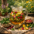 Glass pitcher filled with herbal sun tea Herb Garden Refresher on a wooden table with flowers and herbs.