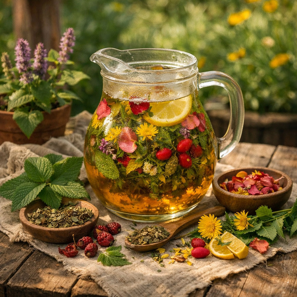 Glass pitcher filled with herbal sun tea Herb Garden Refresher on a wooden table with flowers and herbs.