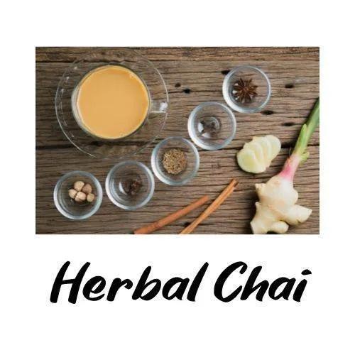 Herbal chai with ingredients on a wooden surface, featuring the text 'Herbal Chai'.