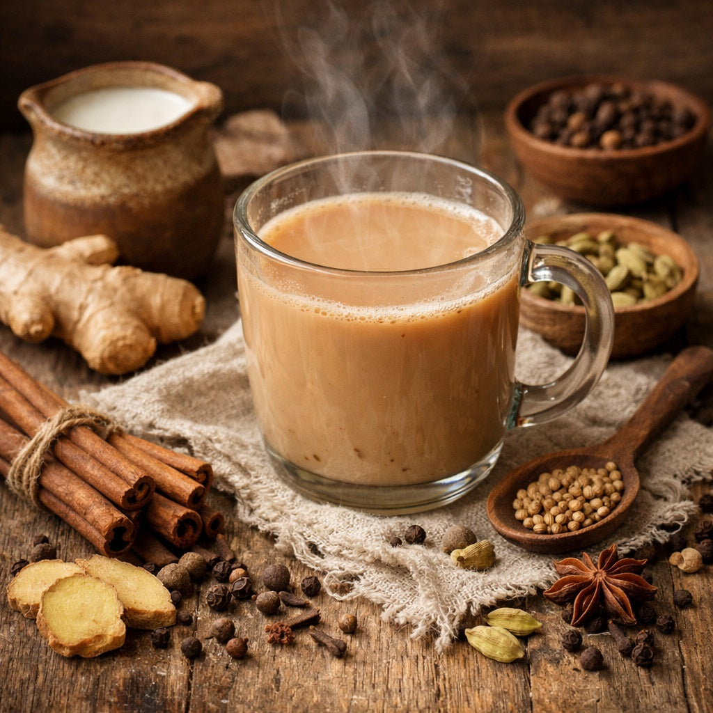Glass mug of Herbal chai tea with spices and ingredients on a wooden surface