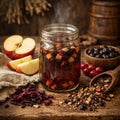 Glass jar of Homestead Fruit Chai with dried fruits and spices on a wooden surface with apples and berries.