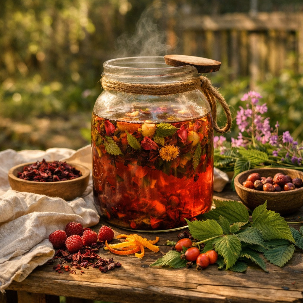 Glass jar with herbal Homestead Sunshine tea on a wooden table outdoors, surrounded by flowers and herbs.