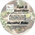 Label for Triple H Homestead Horsetail Balm with product image and contact information.