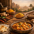 Indian Curry Spice on a spoon and a bowl of a curry dish with herbs on a wooden surface with an Indian scene in the background