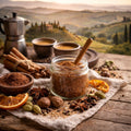 Italian Coffee Love spice blend in a jar, surrounded by spices and espresso on a wooden table with a scenic Italian background