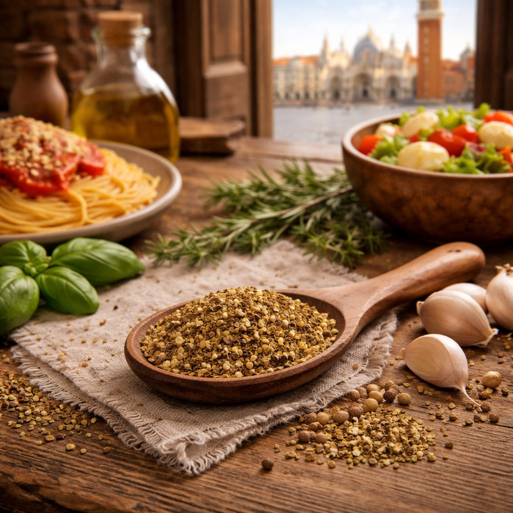 Italian Seasoning spice blend in a wooden spoon on a wooden table with pasta and salad and Venice in the background.