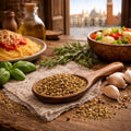 Italian Seasoning spice blend in a wooden spoon on a wooden table with pasta and salad and Venice in the background.