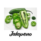Jalapeno peppers, whole and sliced, on a white background with 'Jalapeno' text.