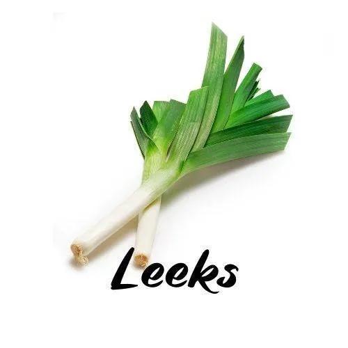 Two leeks on a white background with the word 'Leeks' written below.