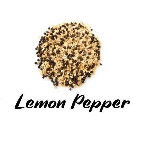 Lemon pepper seasoning on a white background with 'Lemon Pepper' text.