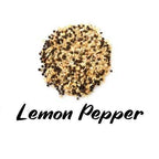 Lemon pepper seasoning on a white background with 'Lemon Pepper' text.